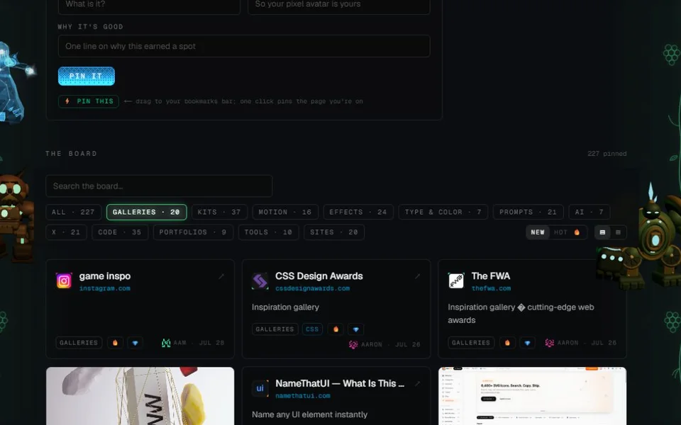 Alpha inspiration board with category filters and saved websites