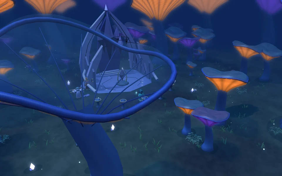Glowing mushroom canopies surrounding the crystal sanctum in Marsh Expedition