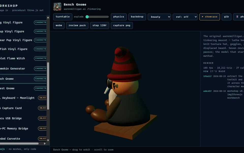 The Bench Gnome model open in Workshop with modeling and export controls