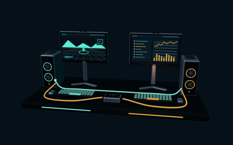 A miniature two-PC workstation: a teal gaming display, an amber analysis display, and signal cables routed through a small input bridge.